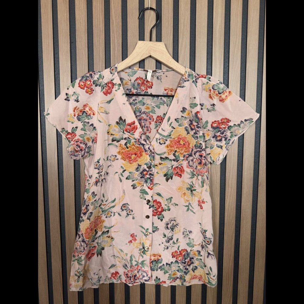 Rebecca Taylor Top 00 / 2XS Womens Pink Flutter Sheer Floral Blouse 100% Silk